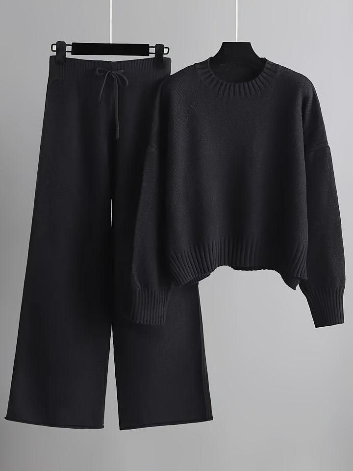 Autumn and Winter Fashion Casual Knitted Suit Pants Women's Loose Sweater Wide Leg Pants Two Piece Set