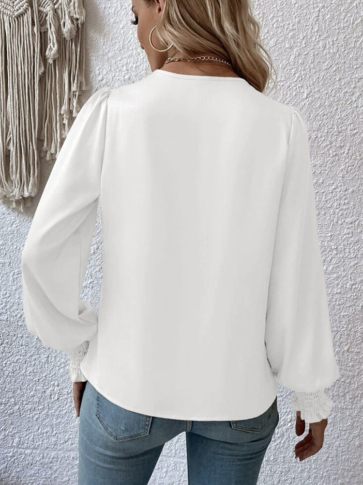 Citrine V-Neck Elegant Plain Blouse with Balloon Sleeves
